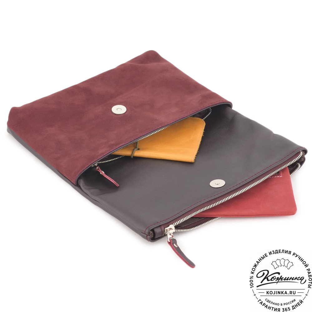 Кожаный клатч "Молли" с отделкой велюр (бордо) 
