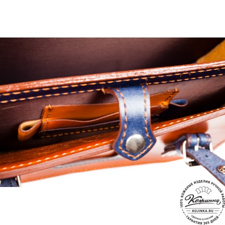 Кожаный портфель "Сатчел"  (рыжий с синим)